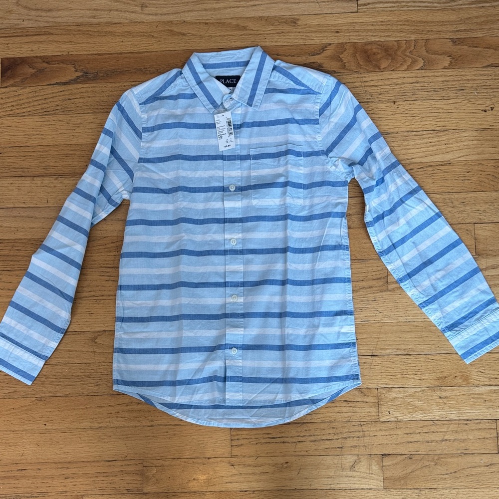 Children’s Place Light Blue and White Striped Shirt collar Boys Large NWT